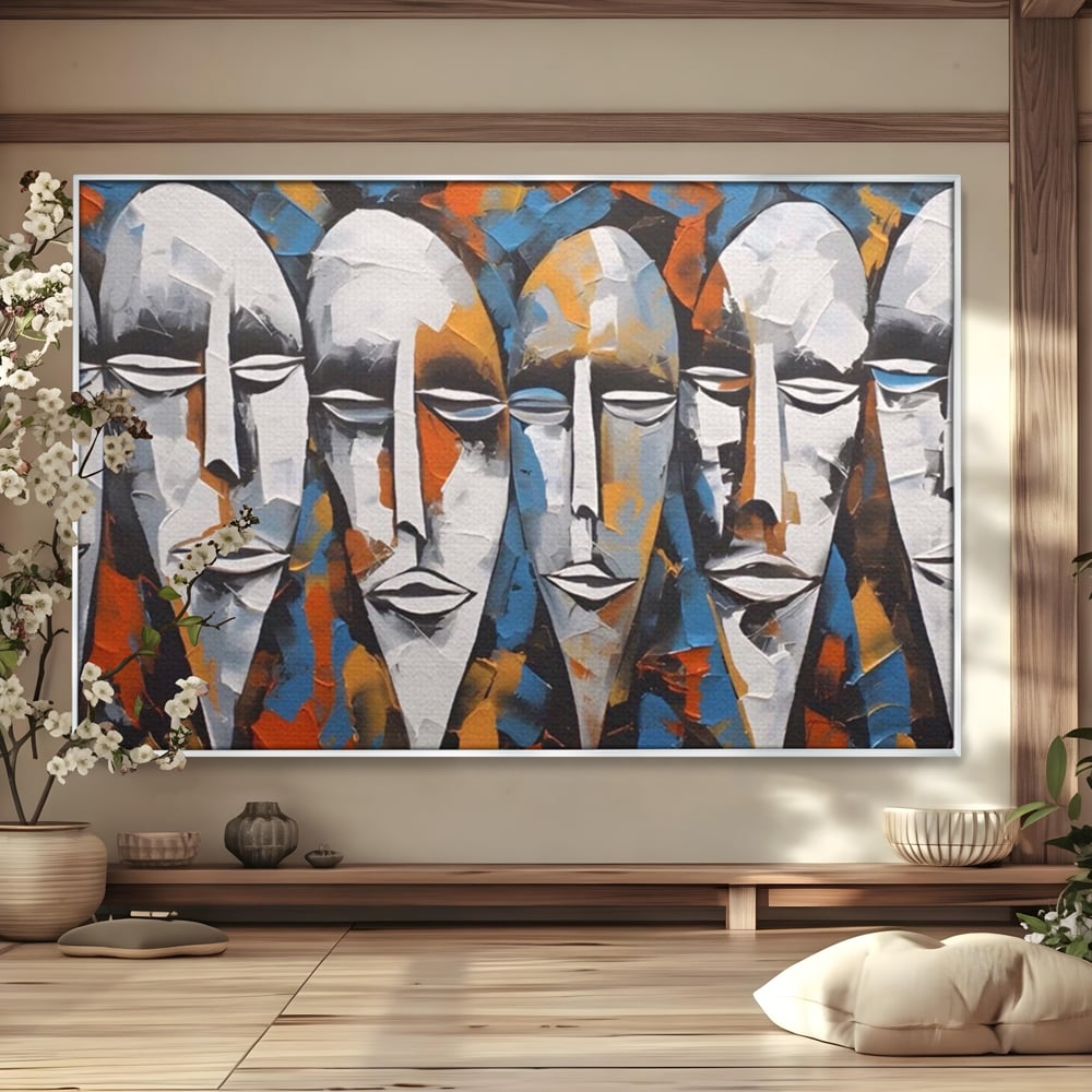 Tablou canvas cu tablou abstract cu masti tribale albe, in rama de aluminiu argintiu